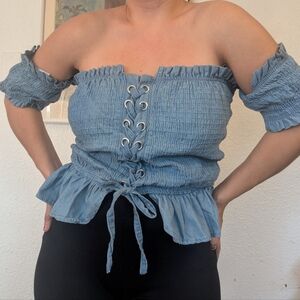 Vintage 90s Taxi Smocked Chambray Top